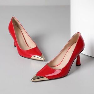 Gold Tipped Red Patent Pumps